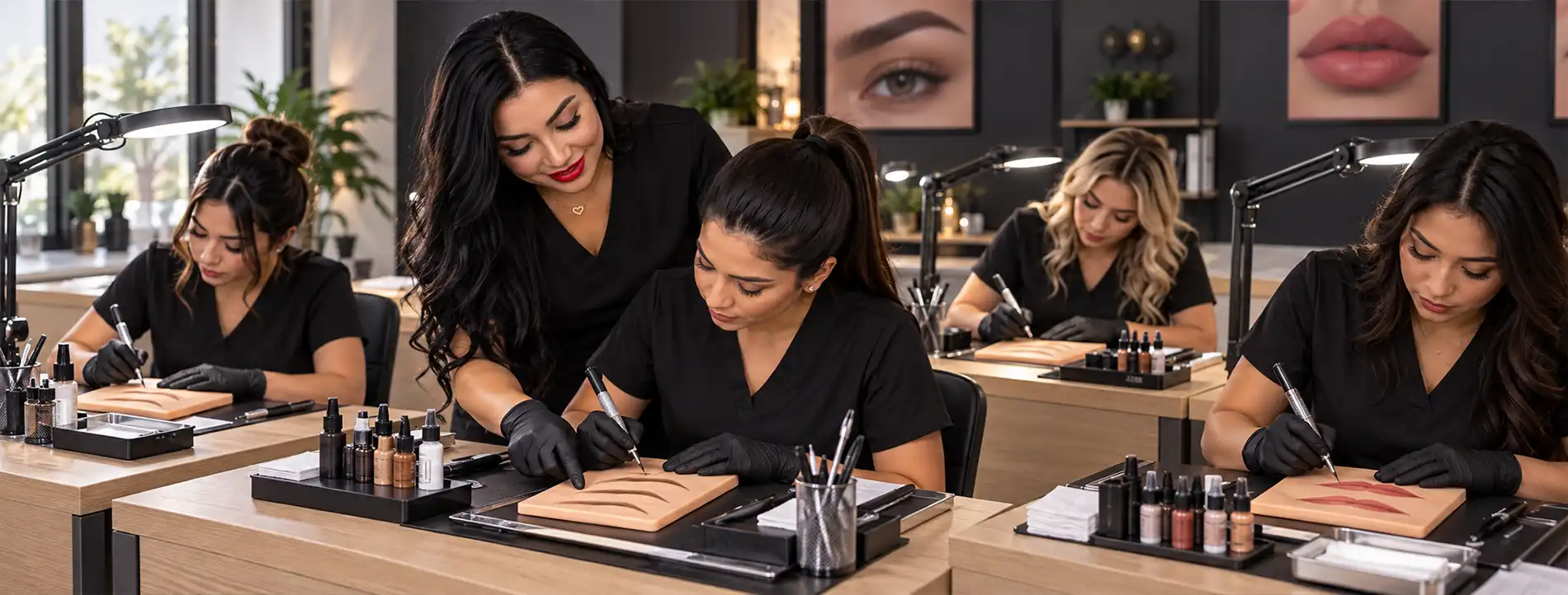 Clase práctica de micropigmentación con instructora y alumnas